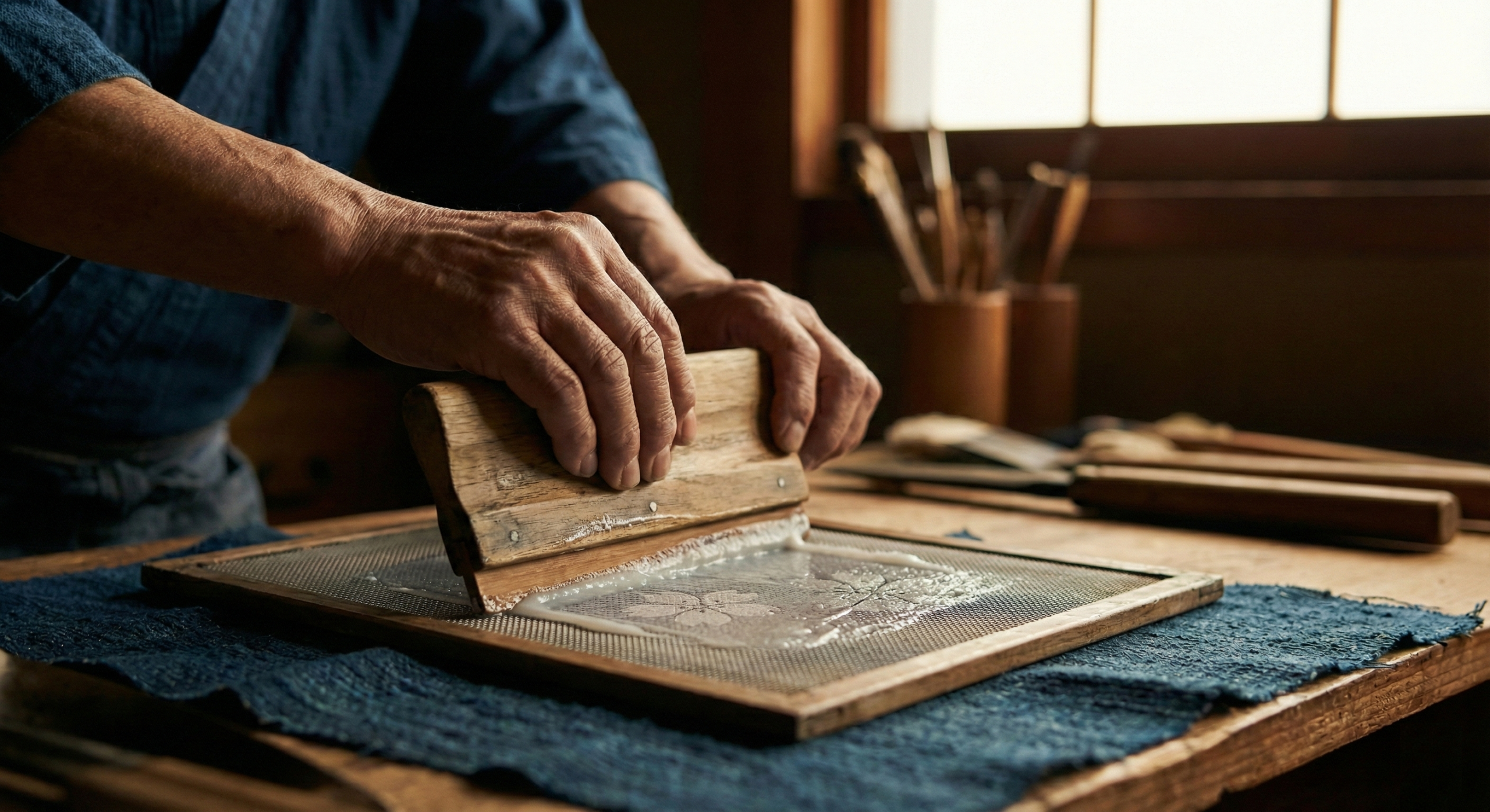 Artisan applying glue to indigo golded silk using the Japanese Kinsai technique.