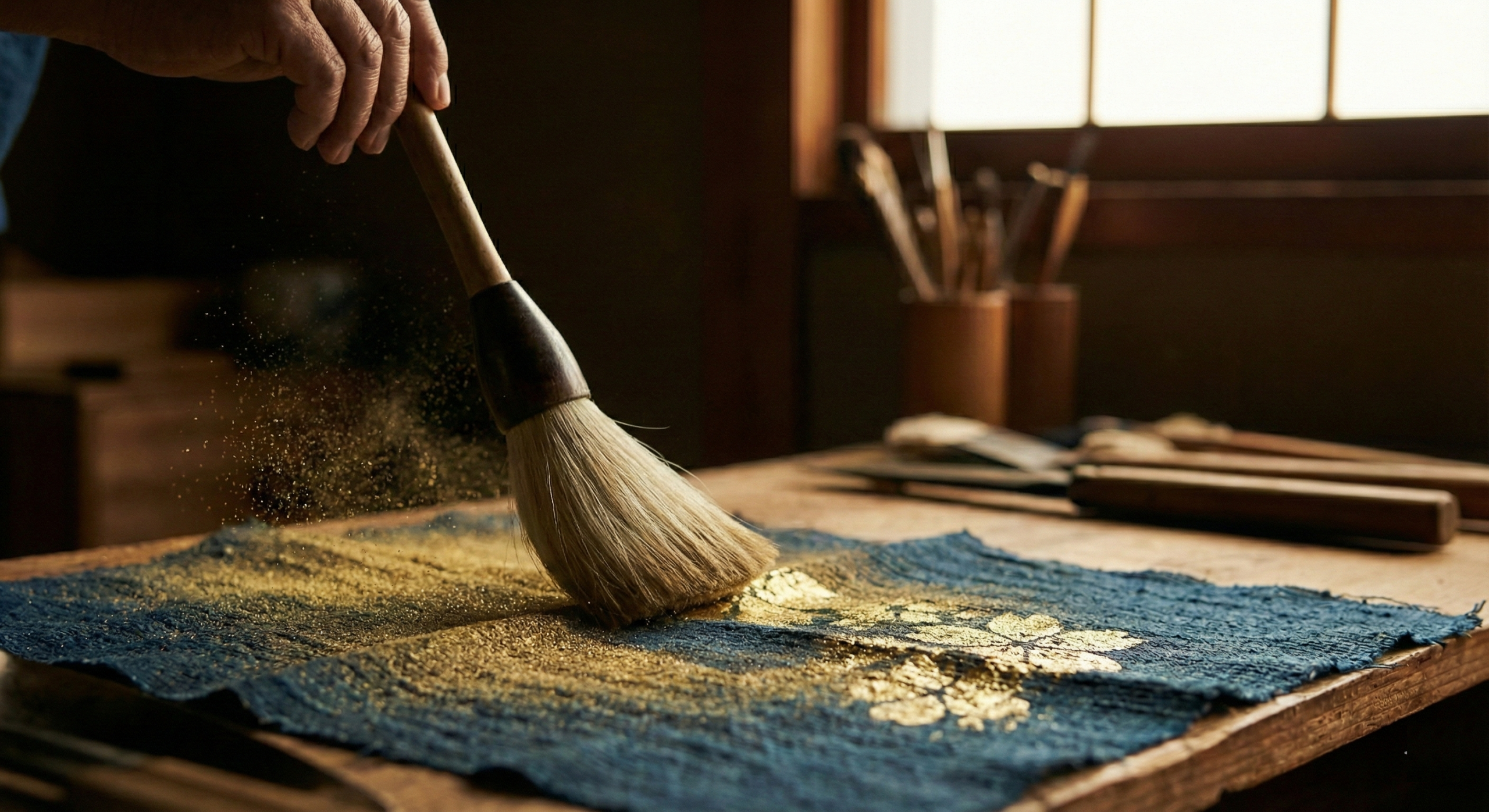 Artisan brushing out gold powder on indigo silk using the Japanese Kinsai technique.