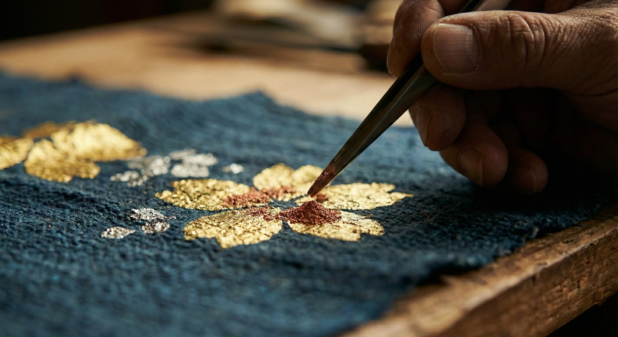 Artisan applying metallic pigments to indigo silk using the Japanese Kinsai technique.